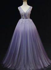 Light Purple Tulle Gradient Lace Applique Formal Dress