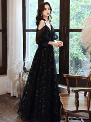 Black V-neckline Straps A-line Long Lace-up Prom Dress