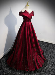 Black and Red Satin Off Shoulder Long Junior Prom Dress
