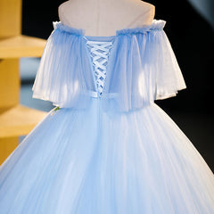 Light Blue Tulle Off Shoulder with Lace Applique Prom Dress