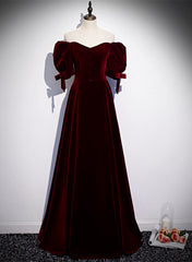 Wine Red Velvet Floor Length Short Sleeves Party Dress