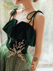Beautiful Dark Green Straps Tulle with Velvet Party Dress