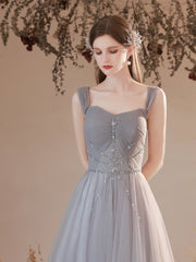 Grey Beaded Sweetheart Tulle A-line Off Shoulder Evening Dress