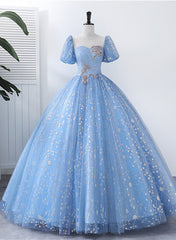 Light Blue Tulle Short Sleeves Long Formal Dress