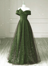 Vestido de fiesta largo de satén en forma de A, verde oscuro y negro