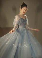 Blue Beaded A-line Tulle Long Party Dress