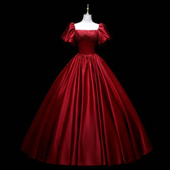 Wine Red Satin Beaded Ball Gown Sweet 16 Dress