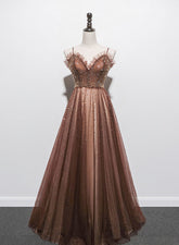 Shiny Tulle Beaded Long Straps Floor Length Party Dress