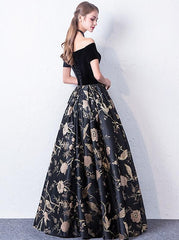 Off Shoulder Black Floral Floor Length Party Dress