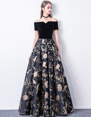 Off Shoulder Black Floral Floor Length Party Dress