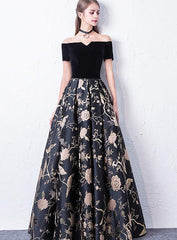 Off Shoulder Black Floral Floor Length Party Dress