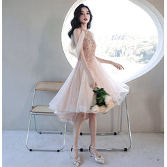 Off Shoulder Pink High Low Tulle with Beaded Homecoming Dress