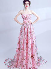 Vestido de fiesta largo con flores rosas, escote en A y cordones