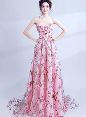 Vestido de fiesta largo con flores rosas, escote en A y cordones