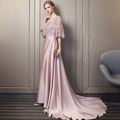 Vestido de fiesta largo de satén suave rosa con top de encaje
