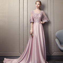 Vestido de fiesta largo de satén suave rosa con top de encaje