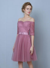 Pink Tulle Short Sleeves Short Bridesmaid Dresses