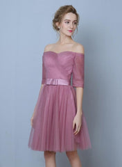 Pink Tulle Short Sleeves Short Bridesmaid Dresses