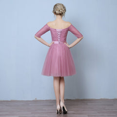 Pink Tulle Short Sleeves Short Bridesmaid Dresses
