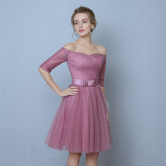 Pink Tulle Short Sleeves Short Bridesmaid Dresses