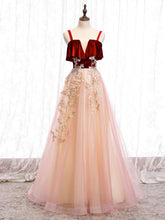 Pink Tulle and Velvet Long Lace Applique Straps Floor Length Party Dress