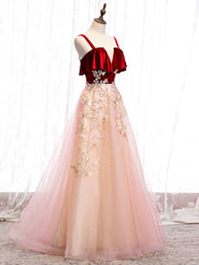 Pink Tulle and Velvet Long Lace Applique Straps Floor Length Party Dress
