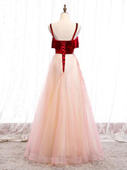 Pink Tulle and Velvet Long Lace Applique Straps Floor Length Party Dress