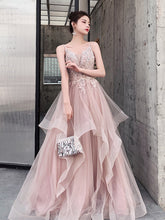 Pink Layers Tulle V-neckline Straps Prom Dress