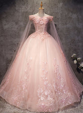Vestido de fiesta largo de tul rosa con apliques de encaje para dulces 16