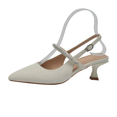 Pointed Toe Slingback Pumps With Pearl Rhinestone Strap Kitten Heel Black White Colors Wedding Party Daily Office Wear