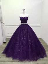Beautiful Shiny Purple Tulle Beaded Ball Gonw Party Dress