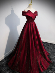 Gorgeous Wine Red Satin Off Shoulder Party Dress