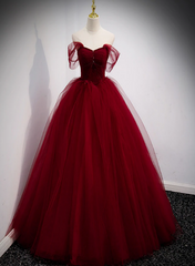 Lovely Wine Red Princess Tulle Beaded Long Party Dress