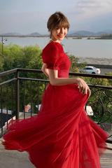 Beautiful Red Short Sleeves Tulle Prom Dress Party Dress