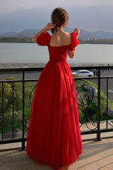 Beautiful Red Short Sleeves Tulle Prom Dress Party Dress
