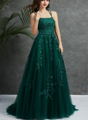 Dark Green Tulle Lace Applique Cross Back Long Prom Dress