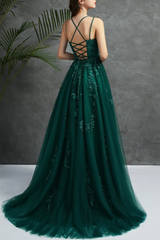 Dark Green Tulle Lace Applique Cross Back Long Prom Dress