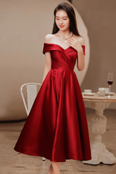 Vestido de dama de honor de satén rojo vino hasta la rodilla, vestido de fiesta