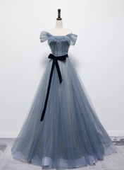 Grey-Blue Tulle Off Shoulder Long Party Dress with Bow