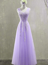Cute Light Purple Tulle with Lace V-neckline Prom Dress