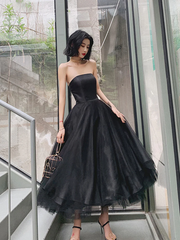 Black Tea Length Tulle Prom Party Dress