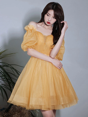 Yellow Short Sleeves Tulle Prom Dress
