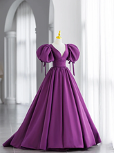 Purple Satin Puffy Sleeves Long Party Dress