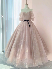 Pink Sweetheart-Neck Tulle Lace Half-Sleeve Prom Dresses