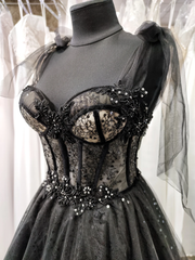 Black Tulle with Lace Straps Long Formal Dress