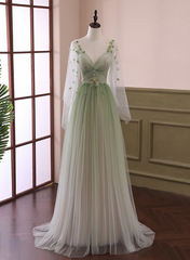 Beautiful Gradient Tulle Green Beaded Long Sleeves Party Dress