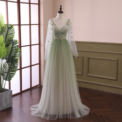 Beautiful Gradient Tulle Green Beaded Long Sleeves Party Dress