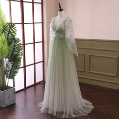 Beautiful Gradient Tulle Green Beaded Long Sleeves Party Dress