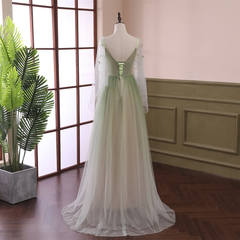 Beautiful Gradient Tulle Green Beaded Long Sleeves Party Dress