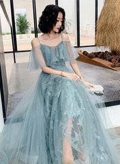 Vestido largo de fiesta de tul con encaje y escote en forma de corazón verde